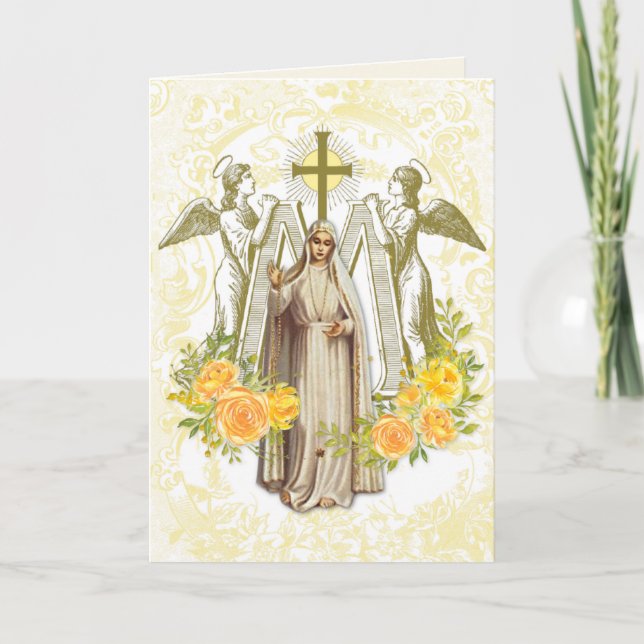 Virgem Religiosa Mary Fatima Vintage Cartão Floral (Frente)