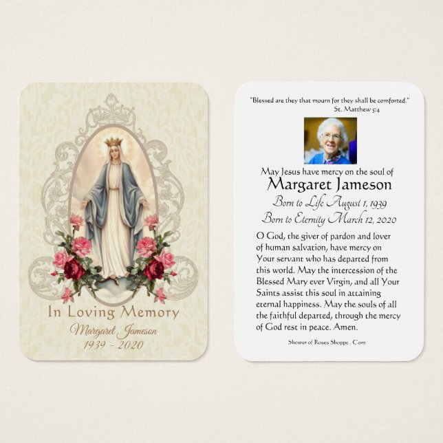 Virgin Mary Catholic Funeral Memorial Holy Card - (Frente & Verso)