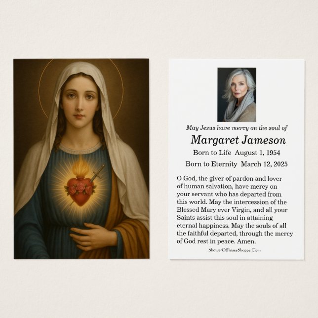 Virgin Mary Catholic Funeral Memorial Holy Card - (Frente & Verso)