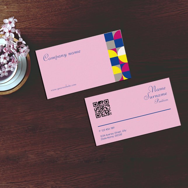 Visita Abstrato geométrico amarela fuchsia QR Cartão de v (Criador carregado)