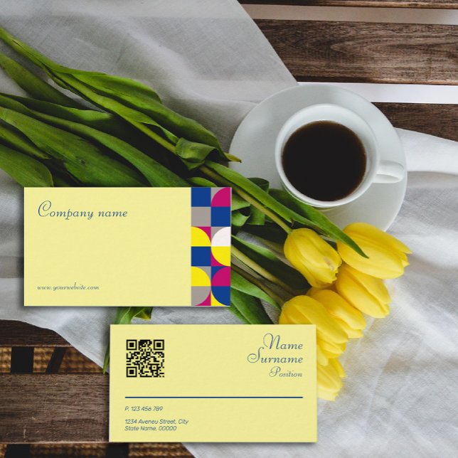 Visita Abstrato geométrico amarela fuchsia QR Cartão de v (Criador carregado)