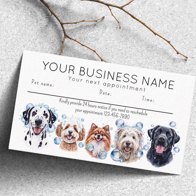 Visita Bolhas de cartão de compromisso para cães com aqua (Appointment card dog grooming bathing dogs bubbles. happy dogs)
