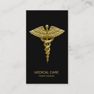 Visita Caduceus Dourado médico no preto - cartão de