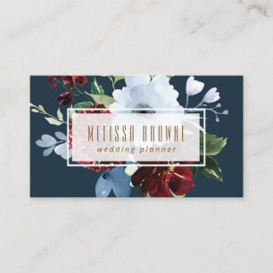 Visita cartão branco de elegância azul floral