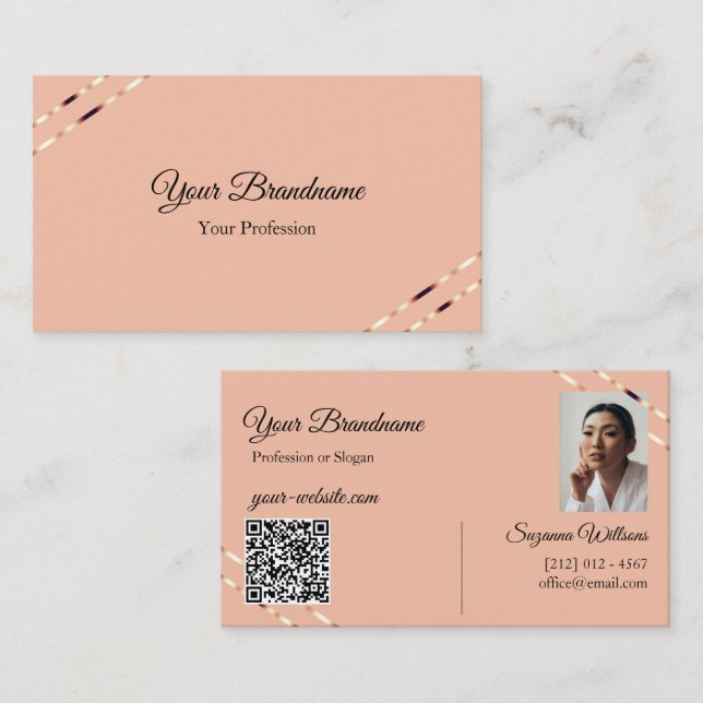 Visita Cartão com Linhas de Ouro Rosa Foto e Código QR (Frente/Verso)