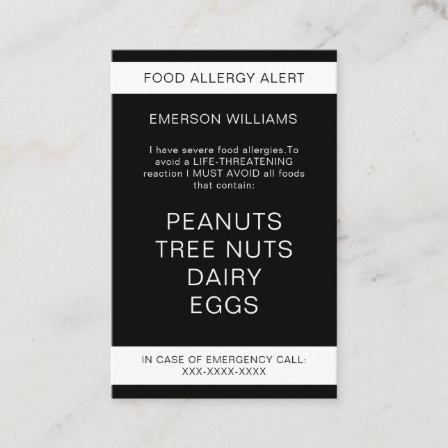 Visita Cartão de Chef Personalizado de Alerta de Alergia  (Frente)