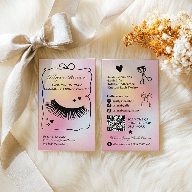 Visita Cartão de código QR da tecnologia de cílios de arc (Holographic rainbow unicorn Lash Tech QR Code Business Card)
