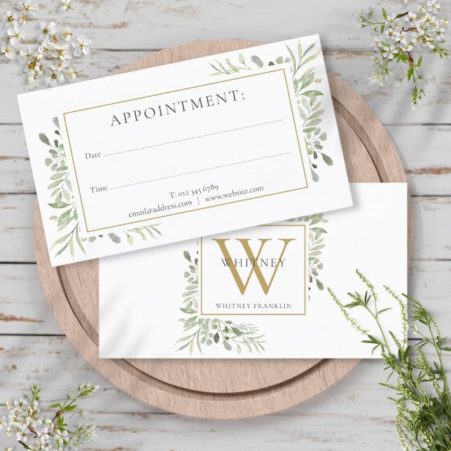 Visita Cartão de Compromisso Monograma Verde Dourado (Gold Monogram Greenery Appointment Card)