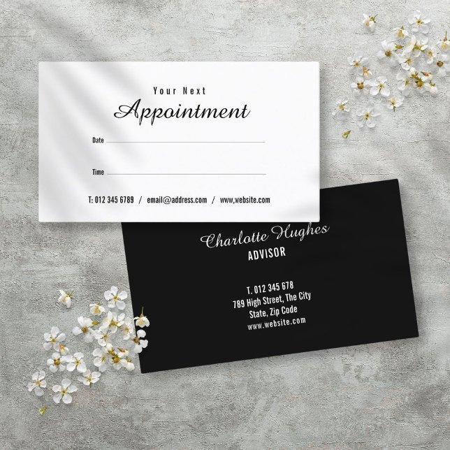 Visita Cartão de Compromisso Preto e Branco Simples Moder (Simple Modern Black and White Appointment Card)