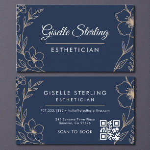 Visita Cartão de Esteticista Floral Código QR Azul Naval 