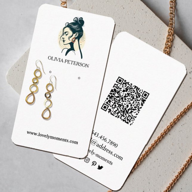Visita Cartão de expositor de joias de rosto feminina (Stunning watercolor earring display cards with a women`s face logo.Perfect for small business owners)