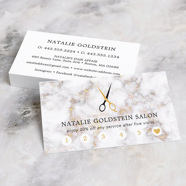 Visita Cartão de Fidelidade da Sala de Corte de Cabelo Pr (Marble Black and Gold Scissors Salon Loyalty Card)