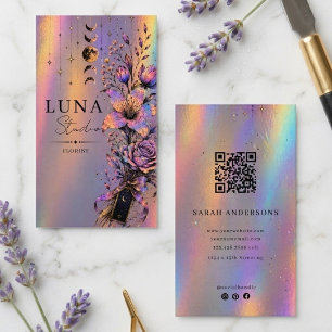 Visita Cartão de Florista Holográfico Luxuoso Floral QR