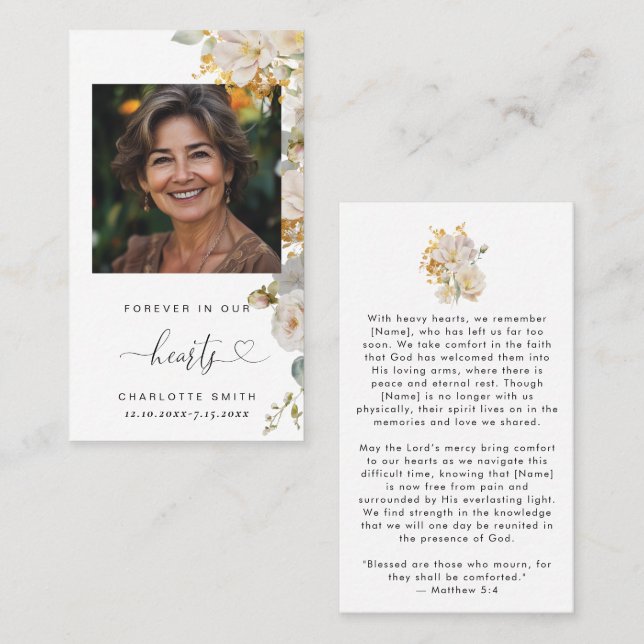 Visita Cartão de Oração Funeral de Foto Floral Elegante (Frente/Verso)