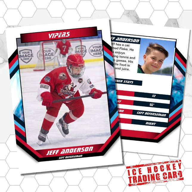 Visita Cartão de Troca de Hóquei no Gelo em Vermelho Azul (Ice Hockey Trading Card: Dynamic design, bold colors. Ideal gift for young hockey fans!)