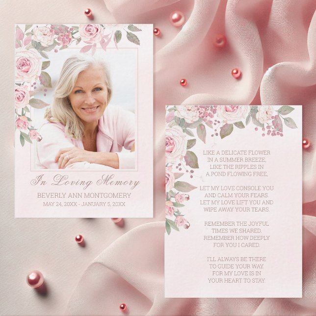 Visita Cartão Memorial Floral de Foto Floral Blush Rosa (Elegant In Memory of Pink Rose Floral Photo Funeral Card with Poem)