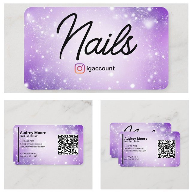 Visita Cartão Profissional Roxo de Design Código QR Nail  (Design Purple Professional Card QR Code Nail Tech
)