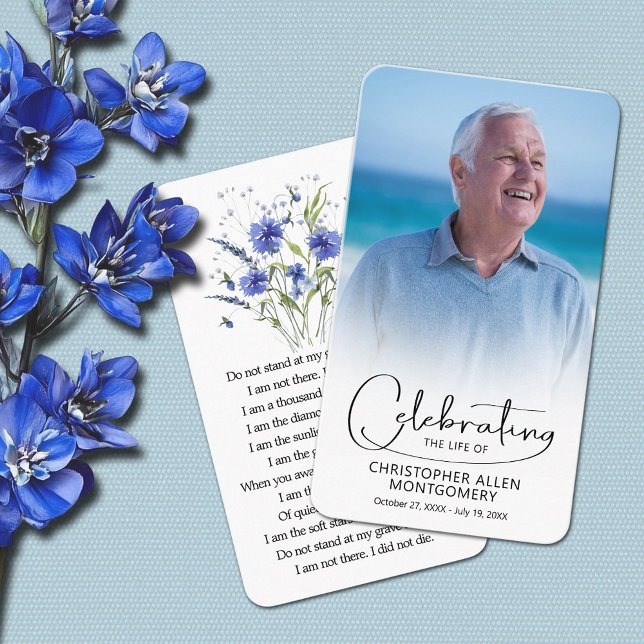 Visita Celebração do Cartão de Oração de Foto Vida (Celebration of life photo prayer cards, blue flowers on the back with a poem or prayer 3.5" x 2")