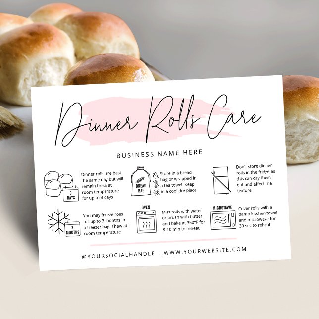 Visita Cilindros de Janto Sourdough Cartão de Cuidados Co (Trendy sourdough dinner rolls care cards with icons, modern pink watercolor design and your logo)