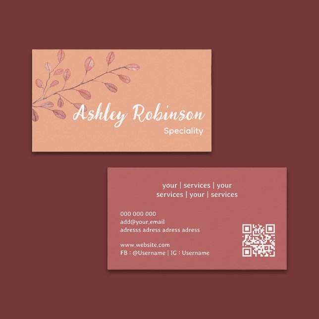 Visita Código QR mínimo rosa terracotta folha Cartão de v (Minimal QR code rose terracotta leaf Business Card)
