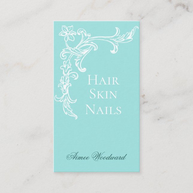 Visita Elegante Flourish Aqua Blue e White Cartão de visi (Frente)