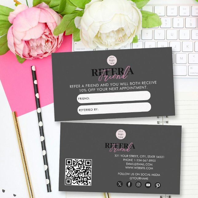 Visita Empresa Preta e Rosa Refere Um Cartão De Referênci (Black & Pink Business Refer A Friend Referral Card)