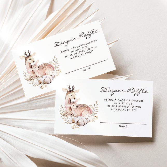 Visita Mamãe e Cartão Raffle para Fralda de veados de beb (Woodland theme diaper raffle card featuring watercolor mommy and baby deer and boho wreath.)