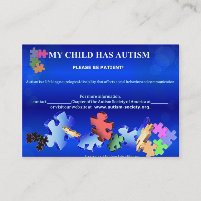 Visita MINHA CRIANÇA TEM o cartão de AUTISMBusiness (Frente)