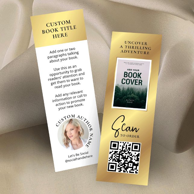 Visita Mini Cartão de Minifavorito de Foto do Autor de Versão  (White and faux gold 3x1 MINI bookmarks - great to promote your new book release)