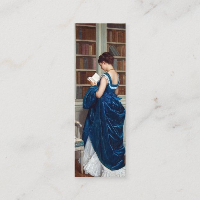 Visita Mini Mulher de Azul lendo um Cartão de Livro (Frente)