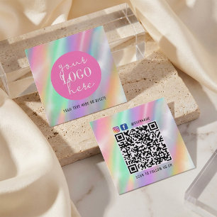 Visita Quadrado Cartão de Marca Pastel Holográfico com Código QR