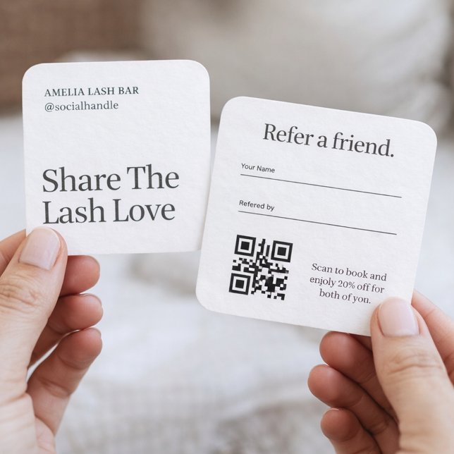 Visita Quadrado Cartão de Referência QR Code para Cliente de Lash  (Minimalist lash artist referral card with QR code)