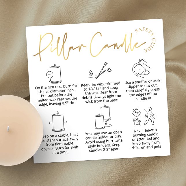 Visita Quadrado Cartão Elegante branco e Dourado de suporte à vela (Elegant white and gold pillar candle care cards with icons and space for your logo)