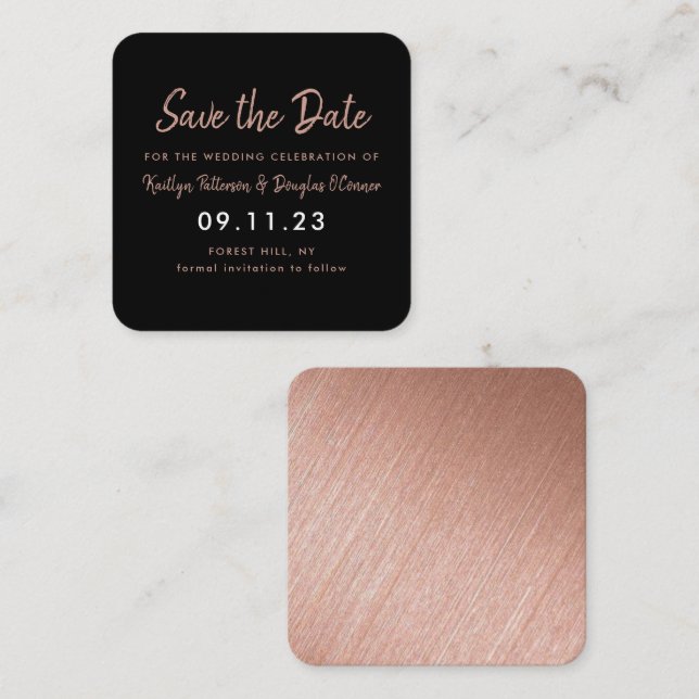 Visita Quadrado Rosa Gold Foil & Script Salvar o Cartão de Data (Frente/Verso)