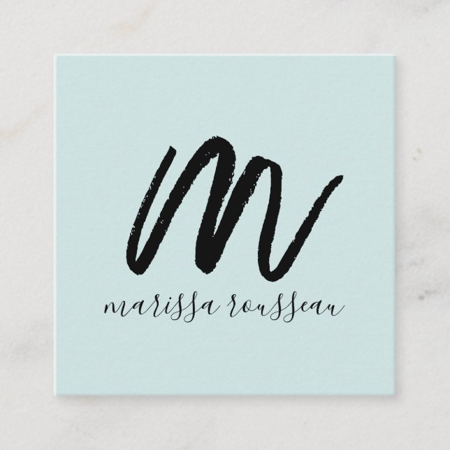 Visita Quadrado Script Pincel Preto Nome Inicial Cartão Azul de Ch (Frente)