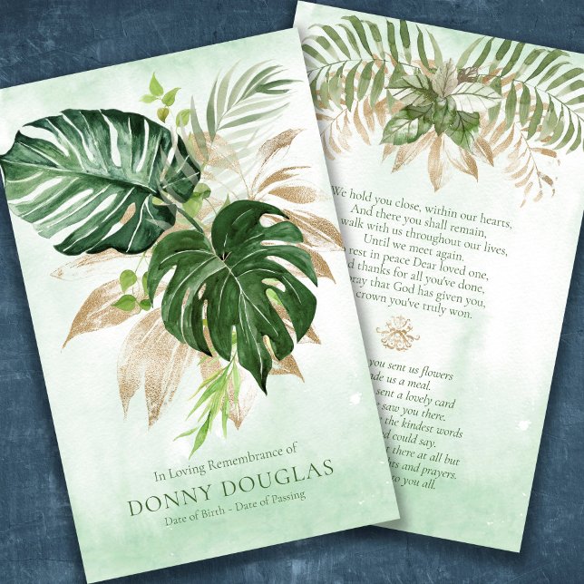 Visita Simpatia Elegante Greenery Cartão de Oração Funera (Tropical Palms with faux gold leaves sympathy memorial prayer cards for a funeral)