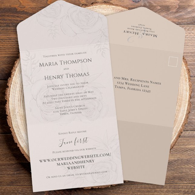 Visita Simples de Blush Elegante Floral (Blush floral All in One Wedding Invitation.)