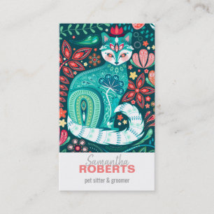 Visita Teal Maximalist Cat Floral Folk Art Cartão de visi