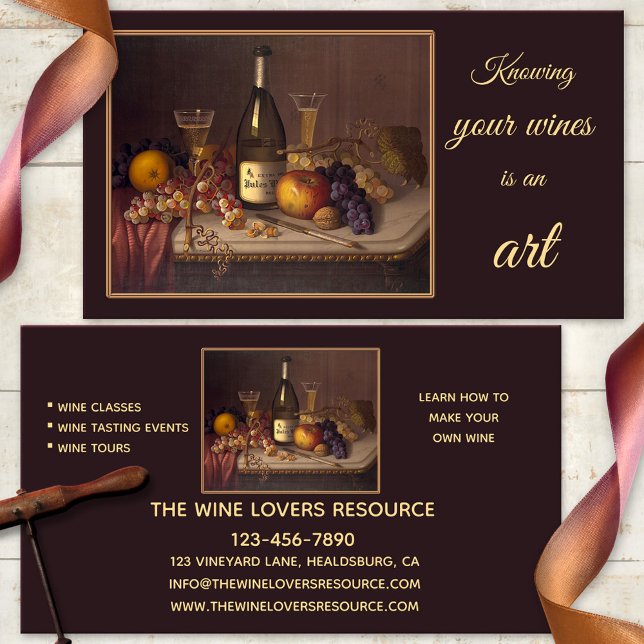 Visita Vinho, aulas de arte vitalícia Eventos Cartão de v (Artistic business card featuring a still life painting with wine. Wine tasting, wine tours, winery)