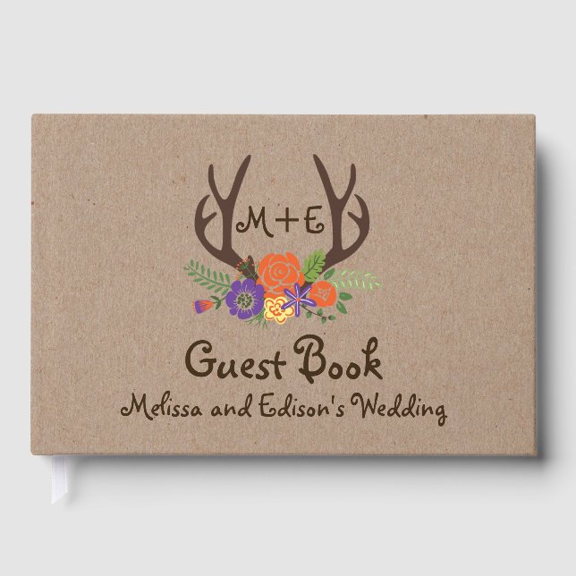 Visitas Antlers monograma floral livro de convidados de ca (Frente)