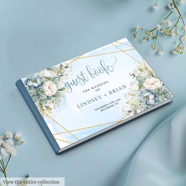 Visitas Boêmian Pastel Blue White Dourado Livro de Convida (Bohemian Pastel Blue White Gold Peonies Guest Book)