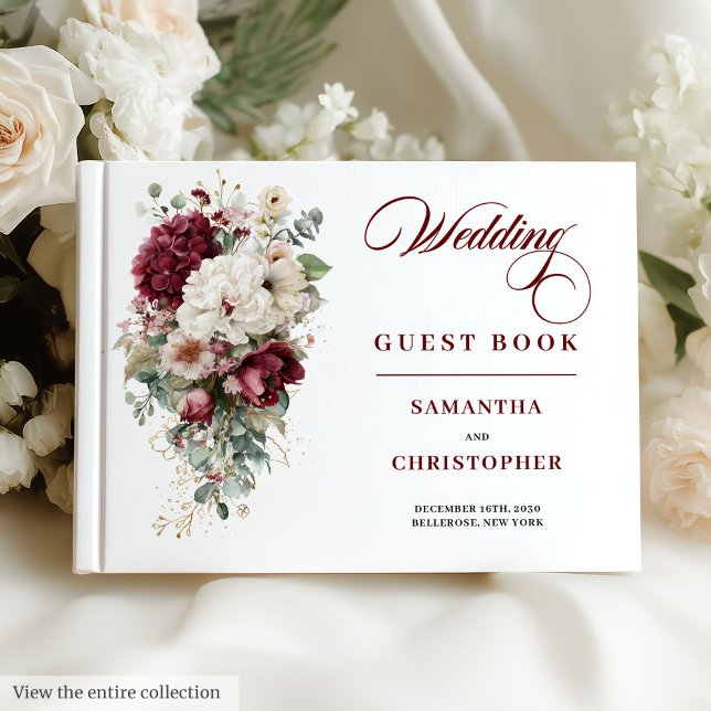 Visitas Boho marsala white gold rosa livro de hóspedes (Boho marsala white gold roses wedding guest book

)