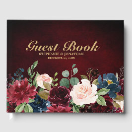 Visitas Burgundy Red Marinho Floral Rustic Livro de convid