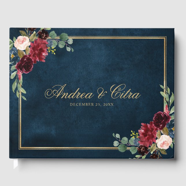 Visitas Burgundy Red Marinho Floral Rustic Livro de convid (Frente)