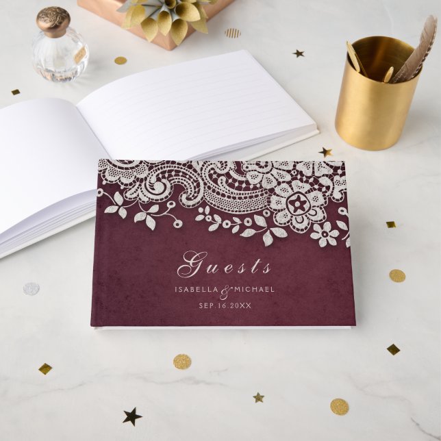 Visitas Burgundy vintage lace russa livro de convidados (Frente aberta)