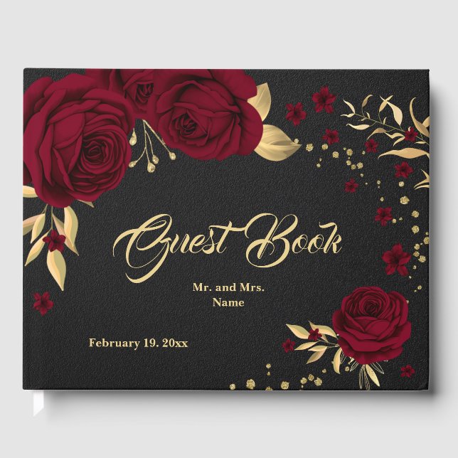 Visitas chic burgundy ouro floral deixa livro de hóspedes  (Frente)