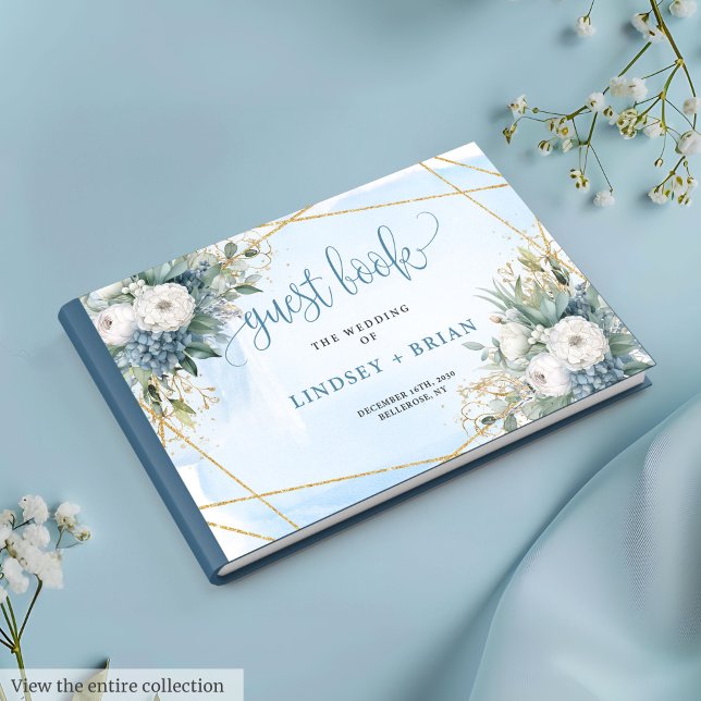 Visitas Chic Dusty Blue Dourado Livro Floral de Convidado (Chic Dusty Blue White Gold Floral Guest Book)