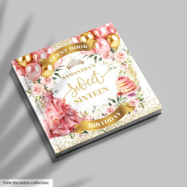 Visitas Doce 16 Livro de Convidados Esmaga Balões Dourados (Chic Blush Gold Guest Book Sweet Sixteen)