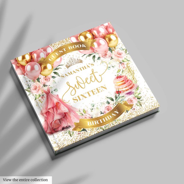 Visitas Dourado Blush Sweet 16 Balões Rosa de Livro de Con (Chic Blush Gold Guest Book Sweet Sixteen)