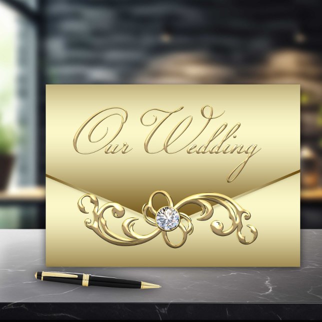 Visitas Dourado Livro de Convidados de Casamento Diamante (Elegant gold wedding guest book.)